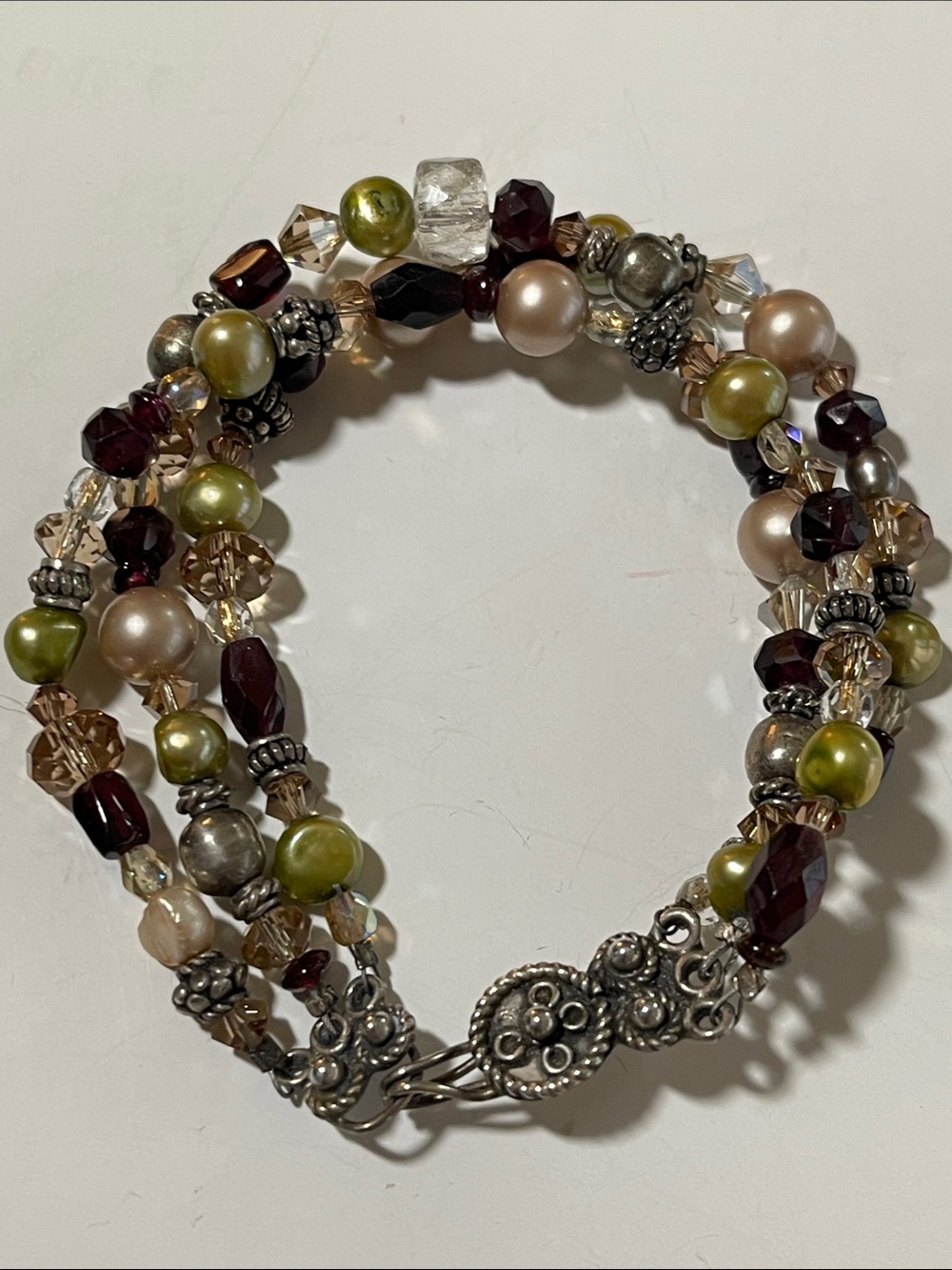 Multi-Strand Greenish/Gold  Pearl, Crystal and Glass Bead Bracelet - Unbranded